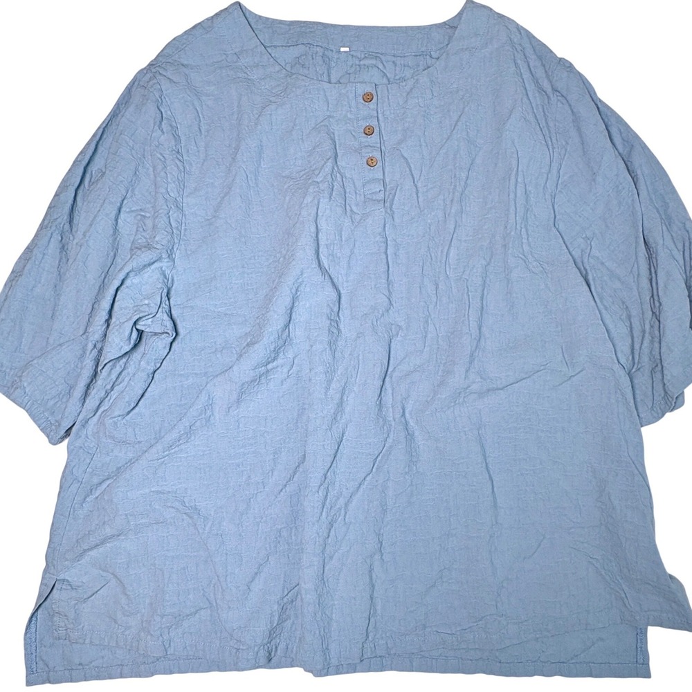 Henley Tunic 3XL Light Blue Linen Cotton Short Sleeve Top LL-1811